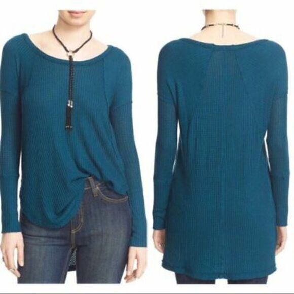Free People Ventura Waffle Knit Thermal Shirt Tunic Size XS Green Long Sleeve - Picture 1 of 10